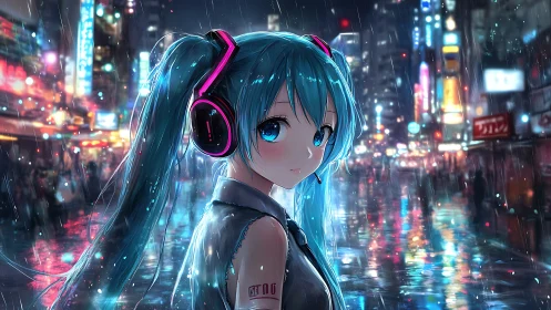 Neon city rain cradles a blue haired girl lost in music