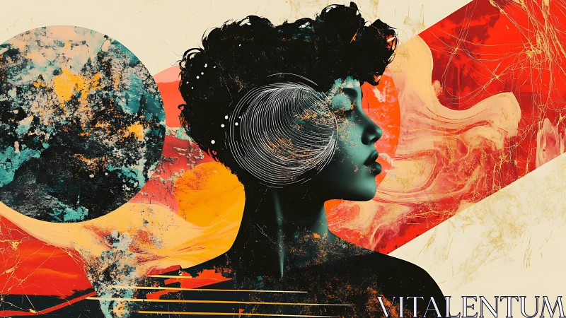 Surreal cosmic portrait merges human profile and abstract planets.