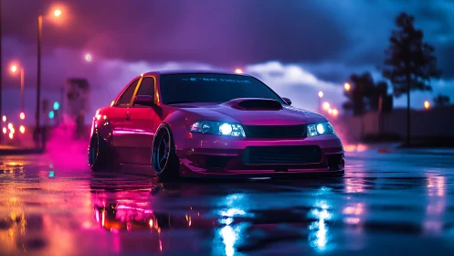 Neon street racer glows against a moody, rain-soaked night