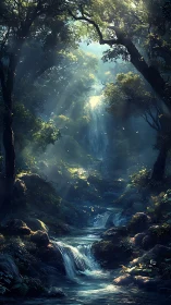 Enchanted Forest Waterfall with Celestial Light Rays.