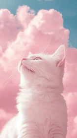 White cat gazing skyward amid pink clouds