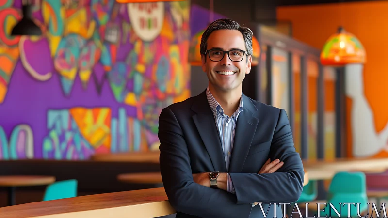 Man in suit standing in colorful modern cafe interior.