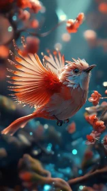 Radiant songbird glides through dreamy blossom-filled forest.