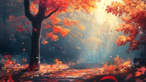 Mystical Autumn Forest Path Ablaze with Golden Light.