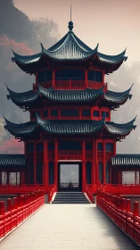 Multi-tier red pagoda with bridge in misty mountain setting.