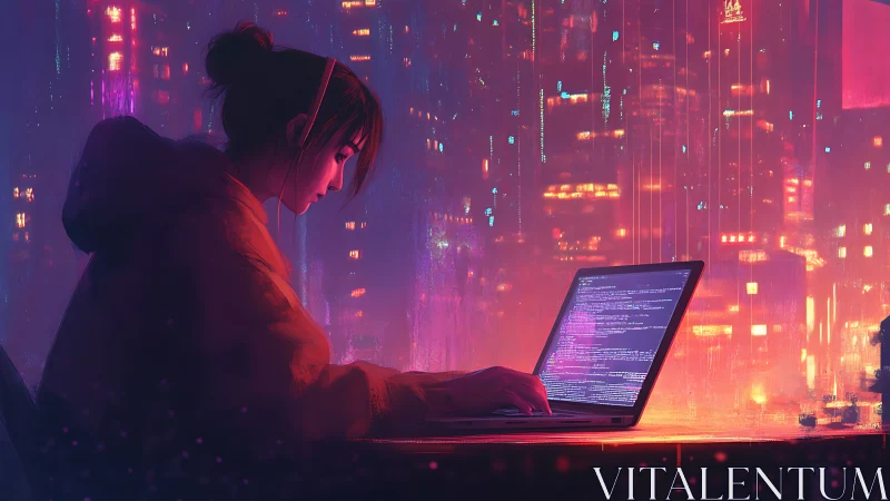 Neon city coder immersed in glowing cyberpunk skyline.