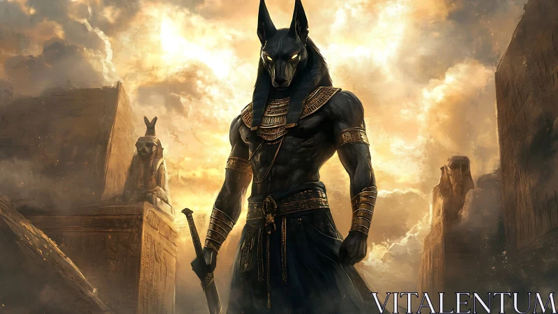 Armored Anubis warrior dominates storm-lit Egyptian necropolis
