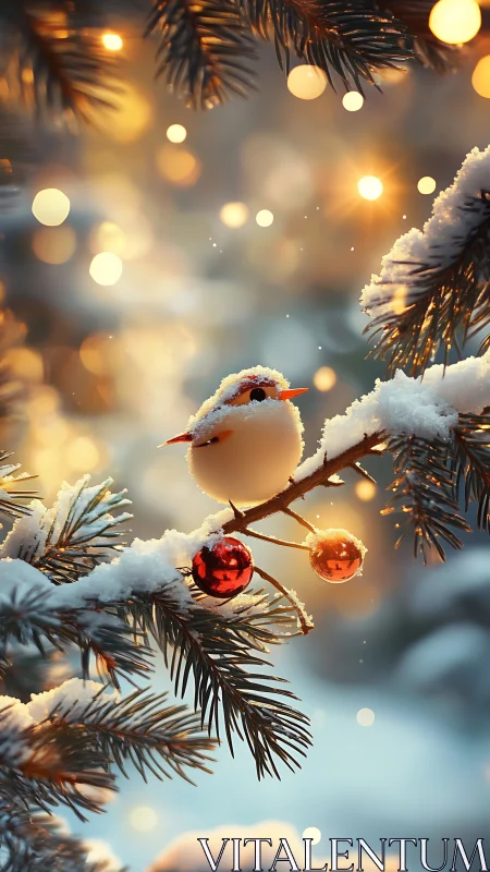Snow-dusted songbird on fir branch with bokeh lights and baubles.