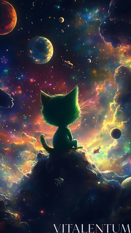Stargazing cat silhouette in luminous nebula cosmos.