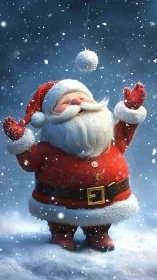 Joyful cartoon Santa Claus playing in falling snow.