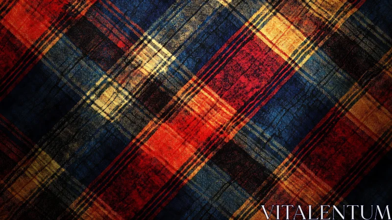 Vintage plaid textile pattern in red, blue, and yellow tones.
