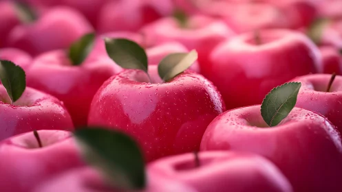 Close view of multiple red apples with leaves and droplets.
