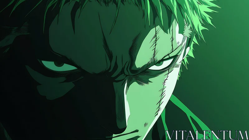 Intense green-haired swordsman bathed in bold emerald light.