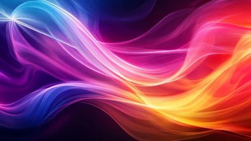 Vibrant neon light waves flow across deep gradient space