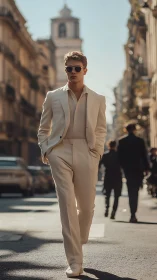 Sunlit boulevard swagger in a cream city suit stride.