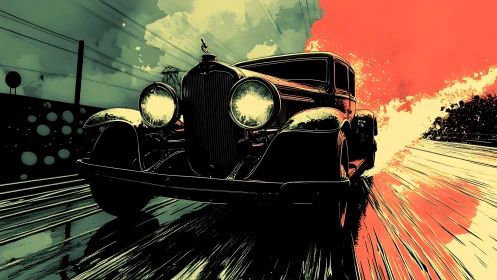 Vintage coupe powers through neon speedway in stylized motion.