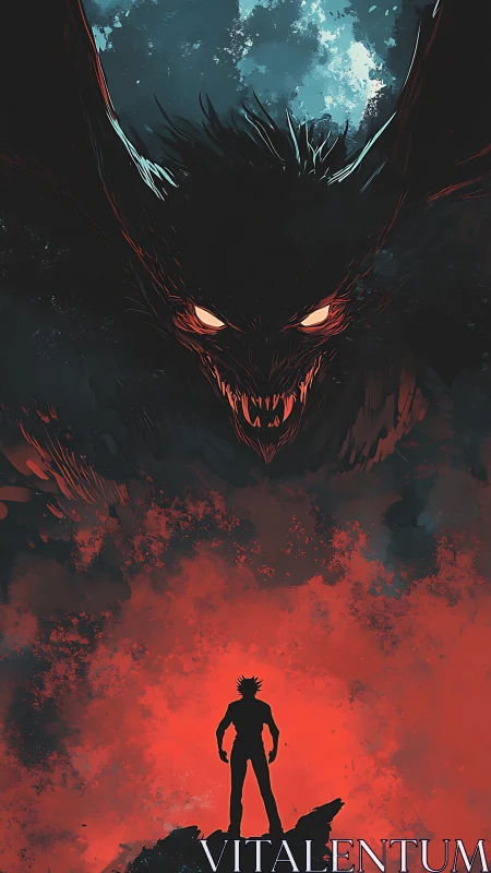 Silhouetted hero facing massive demonic bat under moon.