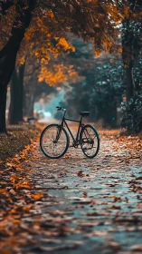 Bicycle rests on autumn path framed by golden foliage canopy.