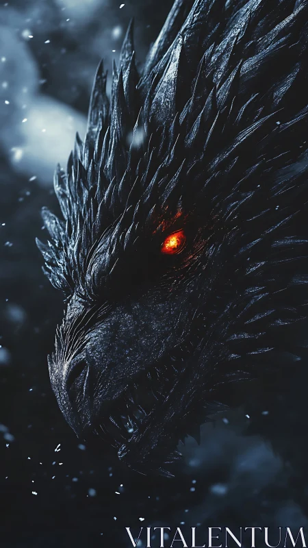 Frostbitten dragon glare with ember eye in a blizzard hush.