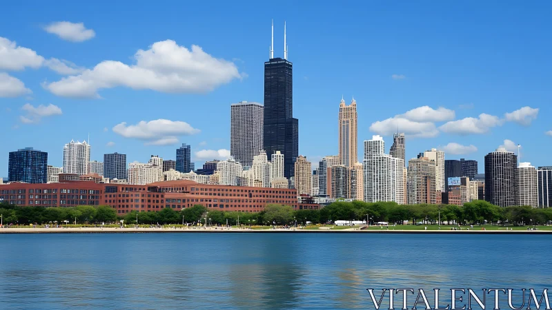 Chicago skyline viewed across calm blue waterfront