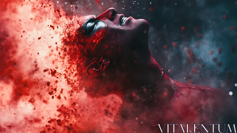 Digital figure dissolves into red particles amid dark void