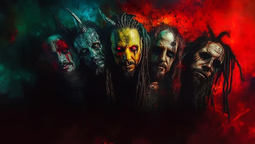 Demonic metal band portraits in fiery red teal haze.