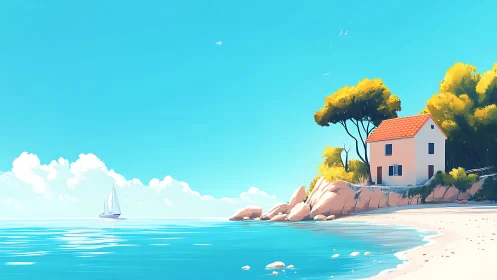 Coastal Mediterranean Villa with Sailboat in Luminous Seascape