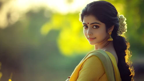 Traditional Indian Woman in Yellow Saree, Soft Golden Portrait.