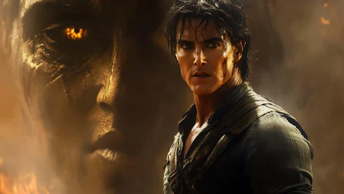 Warrior confronts fiery titan visage in molten dusk haze.