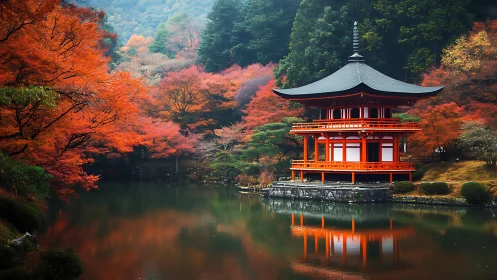 Autumnal lakeside pagoda with bilateral reflection symmetry.