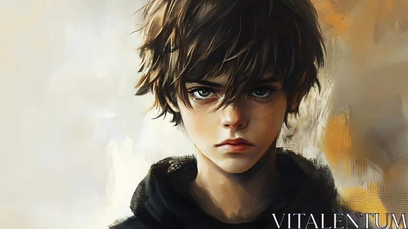 Storm-eyed boy stares down silence in painterly half-light.