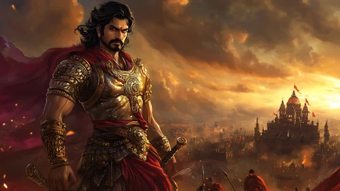 Armored warrior before fortified temple under storm sky.