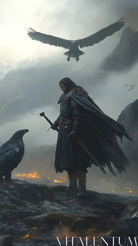 Stormy cliffside warrior calmly meets watchful ravens in firelit mist