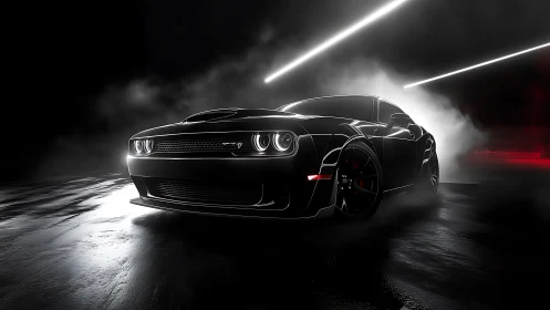 Midnight muscle car emerges through neon fog and shadowed light