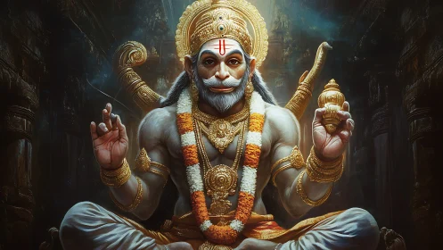 Seated four-armed deity with garland and mace in temple interior.