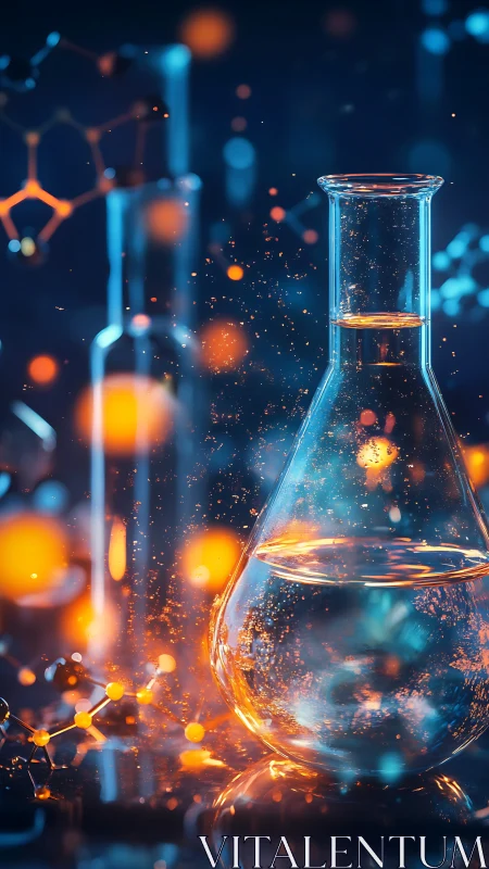 Glowing chemistry flask in a softly sparkling science lab.