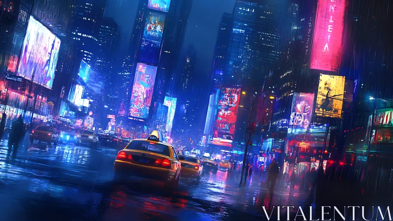 Neon-soaked taxis drift through a rain-drenched midnight maze