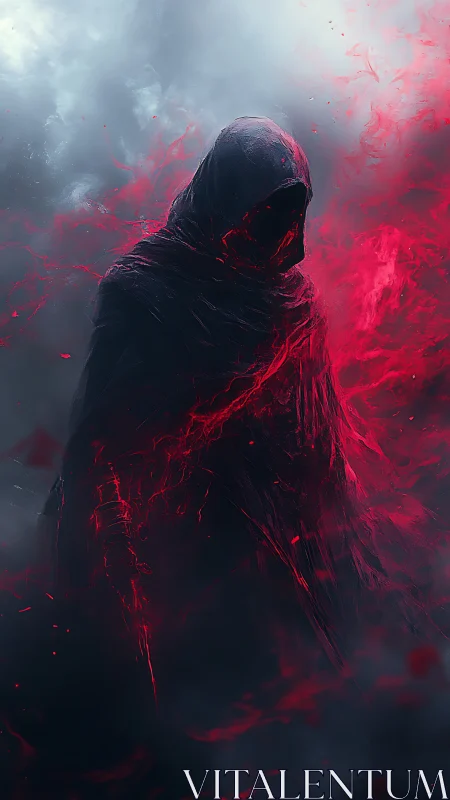 Hooded wraith emerges amid swirling crimson energy and mist.