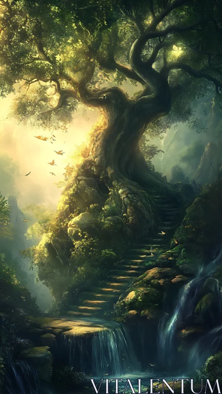 Luminescent forest stairway ascending beside cascading falls.