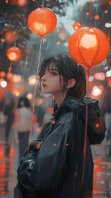 Lantern-lit rainstorm cradles a quiet girl in ember glow.