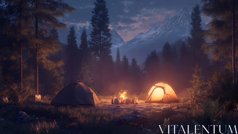 Mountain Valley Campsite at Dusk with Illuminated Tents.