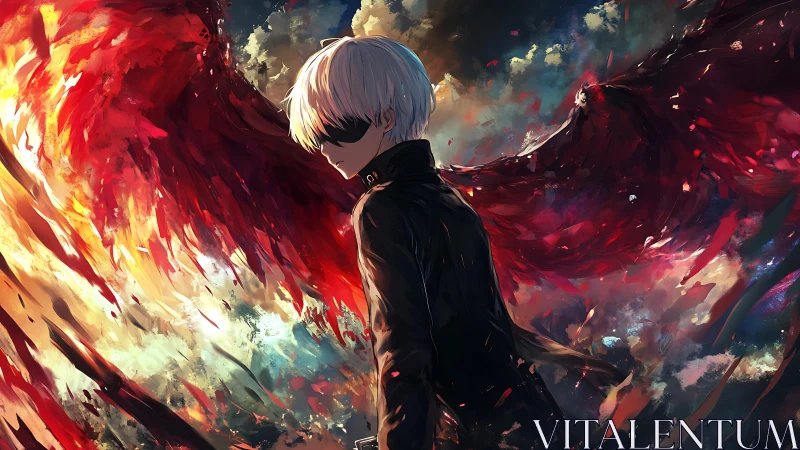 Backlit white-haired antihero with blazing crimson wings.