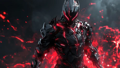Cyberpunk obsidian exosuit with volatile red energy conduits.