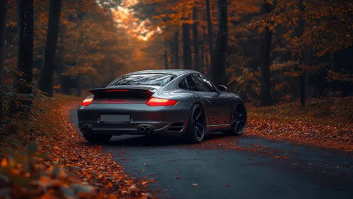 Silver sports car parked on forest road in autumn light.