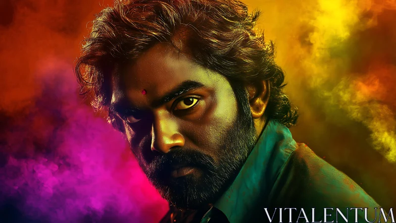 Intense male portrait with high contrast lighting and chromatic smoke