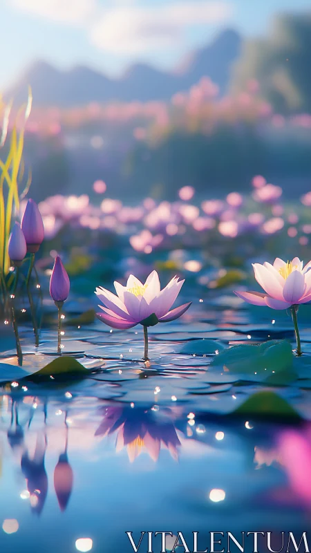 Shallow depth-of-field lotus pond rendering with volumetric light