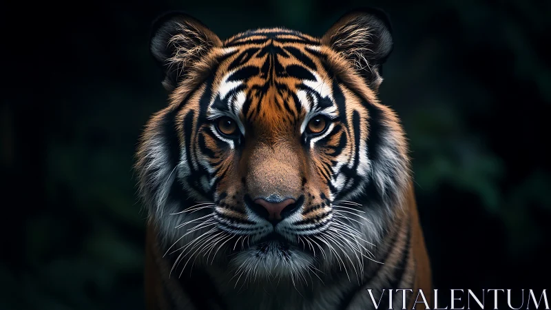 Tiger portrait in low light with detailed facial markings.