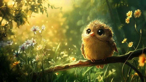 Adorable Fluffy Bird on Branch in Sunlit Fantasy Forest Art.