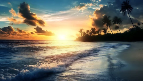 Digital seascape render depicts sunset over tropical shoreline