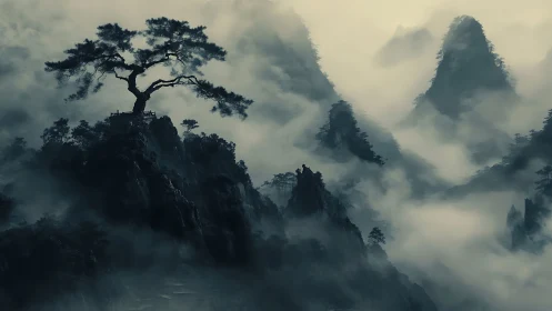 Solitary wind-shaped pine atop mist-veiled granite peaks